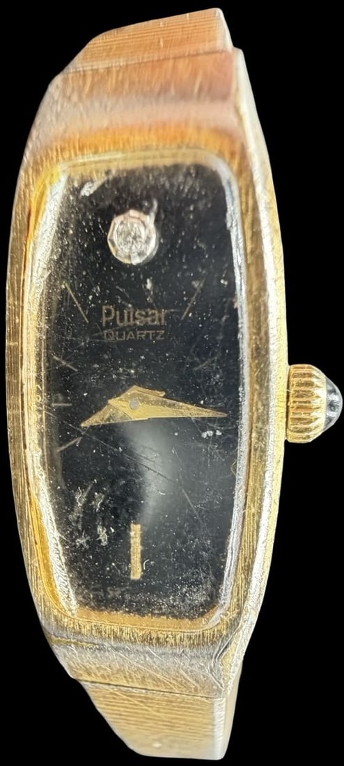 Beautiful Vintage PULSAR Stainless Steel Gold Tone & Black Dial w/ Clear Rhinestone Women's Quartz (1 of 4)
