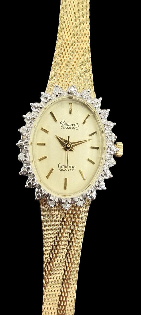 Stunning Ornate Vintage DEAUVILLE Stainless Steel & Clear Diamond & White Dial Quartz Watch w/ Box.: Good vintage condition w/ patina and wear according to age and use, see pictures. Dial measures approx. 3/4" long and 1/2" wide and weighs ca. 17.9 grams. Marked for DEAUVILLE.