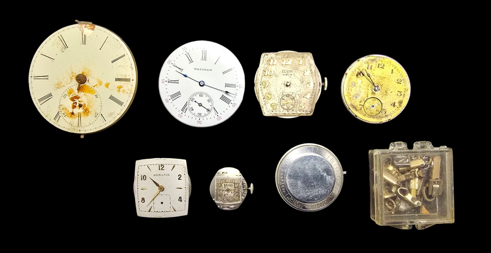 Lot of Watch Movements: Good vintage condition w/ patina and wear according to age and use, see pictures. The largest piece measures approx. 2" high and 2" wide and the entire lot weighs ca. 120 grams.