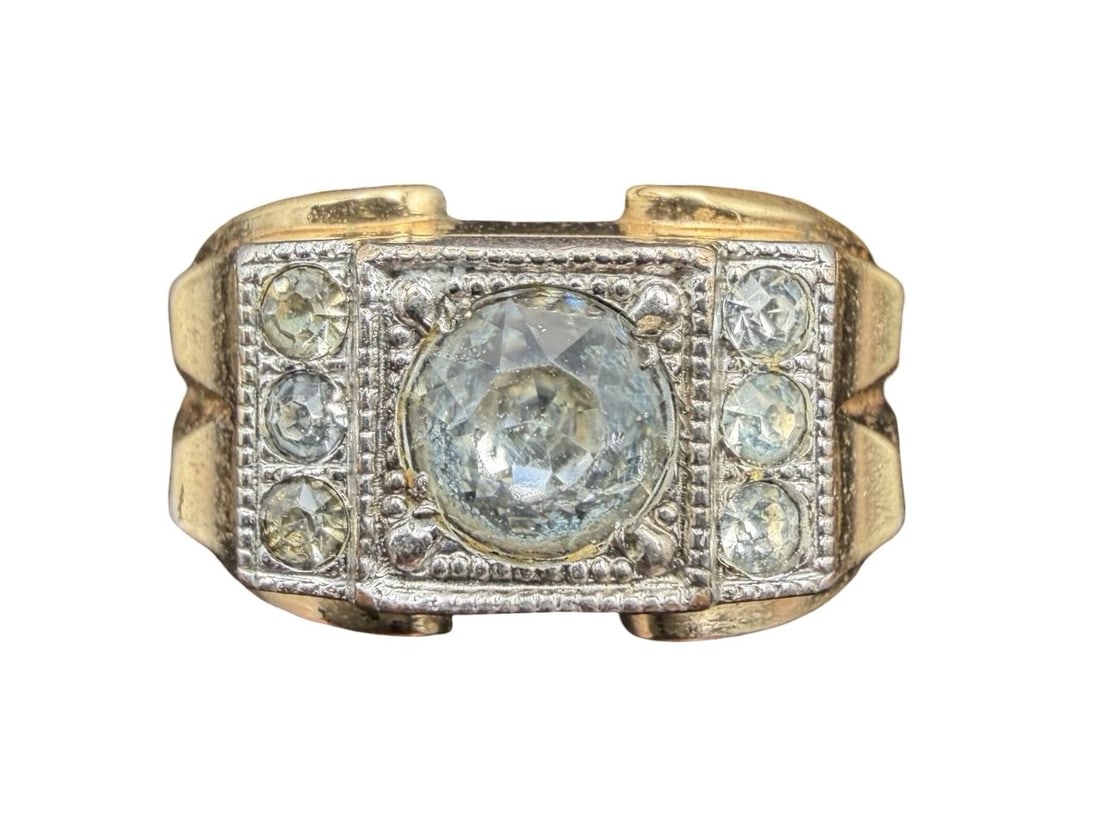 Beautiful Ornate Vintage 10K Gold Filled & Clear Rhinestone Ring: Very good vintage condition with minor patina according to age. The ring is a size 10 3/4 and weighs ca. 6.6 grams. Marked for Gold Filled.
