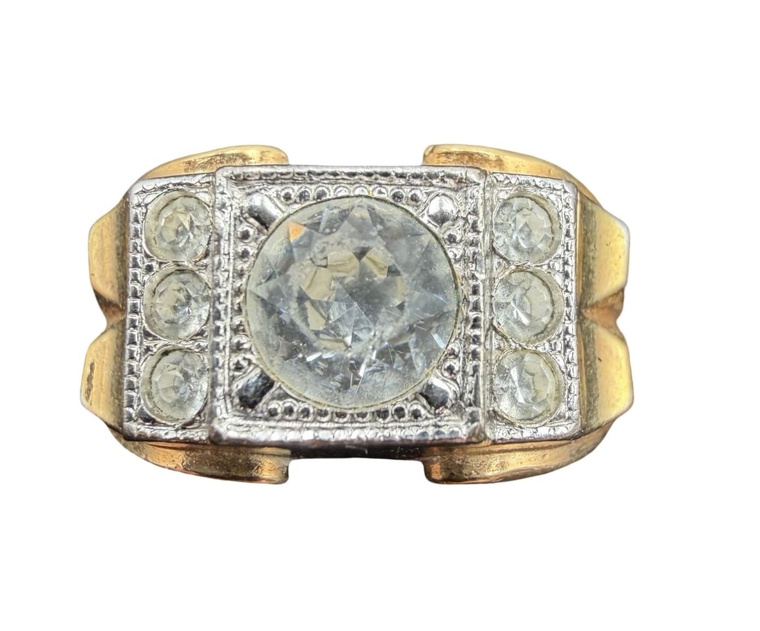 Beautiful Ornate Vintage 10K Gold Filled & Clear Rhinestone Ring: Very good vintage condition with minor patina according to age. The ring is a size 10 3/4 and weighs ca. 6.6 grams. Marked for Gold Filled.