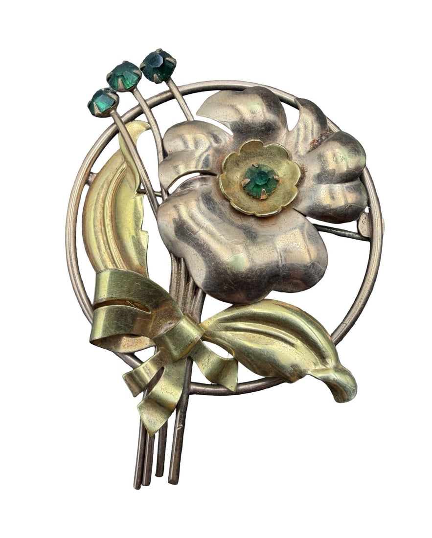 Beautiful Ornate Vintage COURTLY 12K Gold Filled & Rhinestone Flower Brooch: Very good vintage condition with minor patina according to age. Measures approx. 2 1/2" long and 2" wide and weighs ca. 13.7 grams. Marked for Gold Filled.