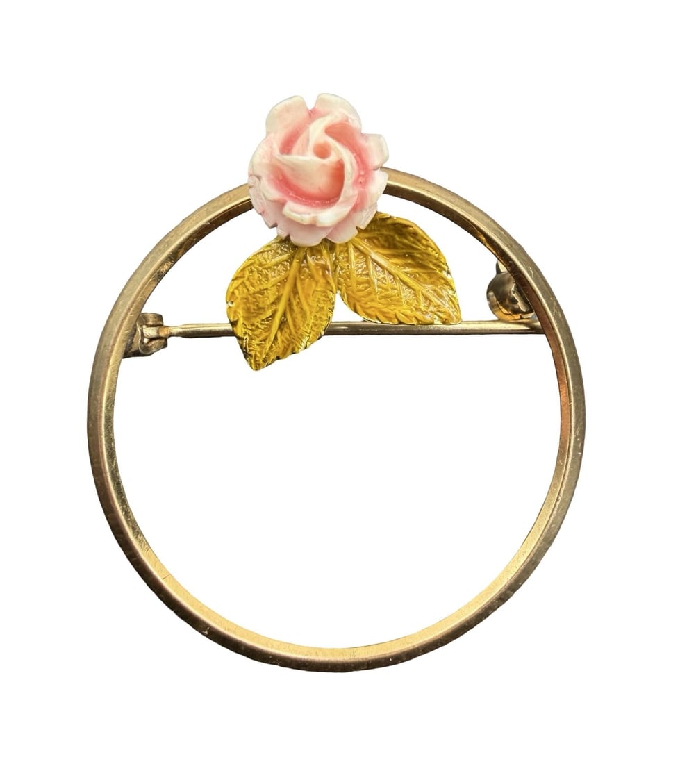 Beautiful Ornate Vintage CREED 12K Gold Filled Leaves & Pink Rose Brooch: Very good vintage condition with minor patina according to age. Measures approx. 1 1/4" long and 1" wide and weighs ca. 2.7 grams. Marked for 12K Gold Filled.