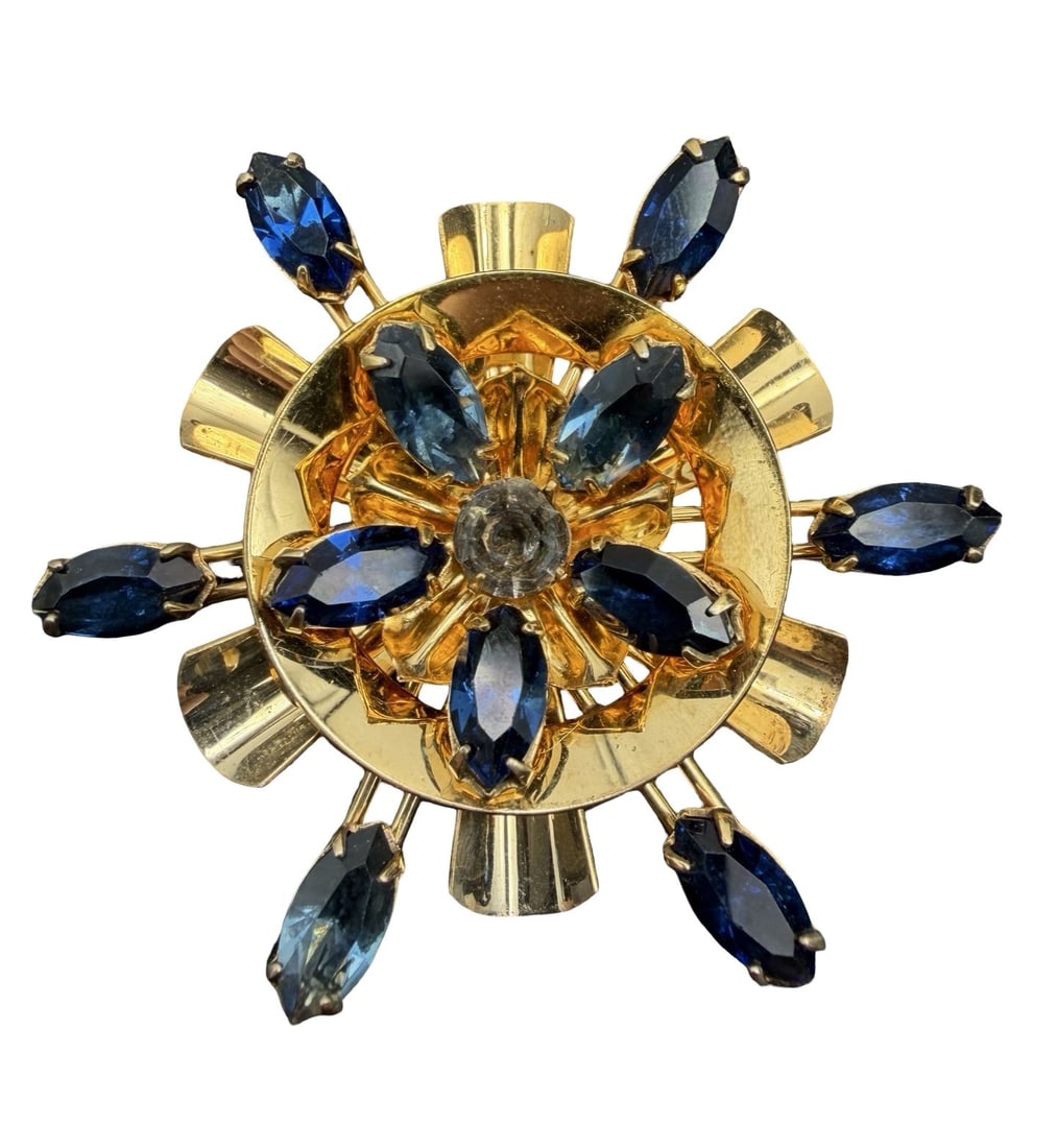 Beautiful Ornate Vintage JMS 12K Gold Filled Blue & Orange Rhinestone Brooch: Very good vintage condition with minor patina according to age. Measures approx. 2" long and 2" wide and weighs ca. 15 grams. Marked for Gold Filled.