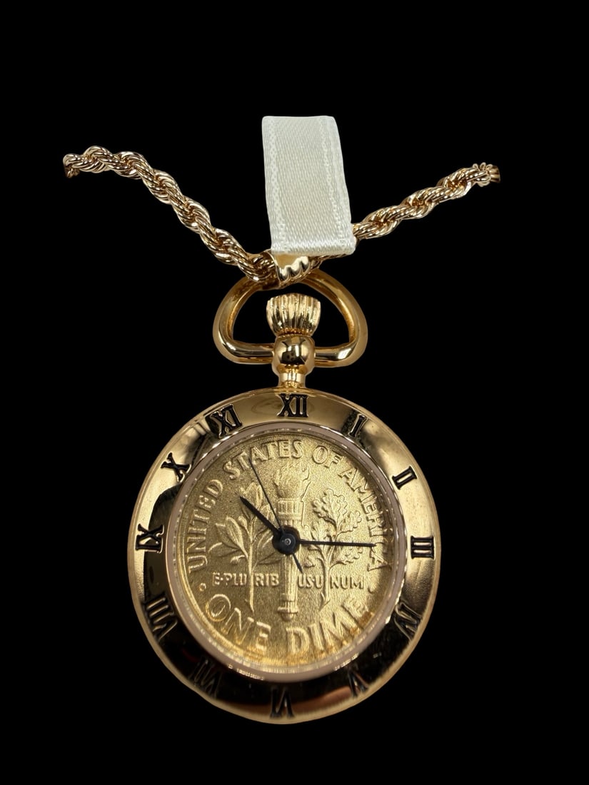 Stunning Ornate Vintage Pocket Watch One Dime Coin w/ Chain & Box: Good vintage condition w/ patina and wear according to age and use, see pictures. Measures approx. 1 1/2" long and 1 1/2" wide and weighs ca. 41.4 grams.