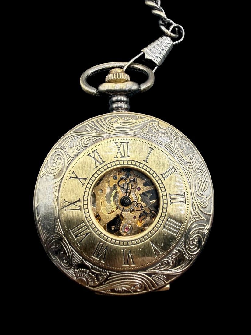 Stunning Ornate Vintage Gold-Tone Metal Pocket Watch w/ Chain: Good vintage condition w/ patina and wear according to age and use, see pictures. Measures approx. 1 3/4" long and 1 3/4" wide and weighs ca. 73.2 grams.
