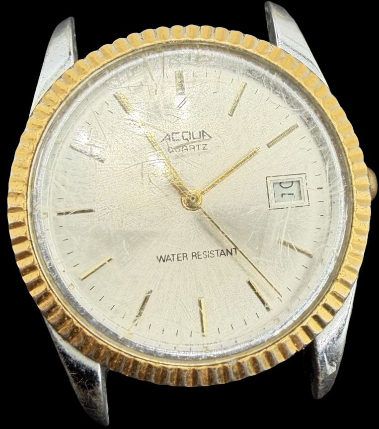 Amazing Vintage ACQUA Stainless Steel Two Tone Watch: Good vintage condition w/ patina and wear according to age and use, see pictures. Measures approx. 1 1/4" long and 1 1/4" wide and weighs ca. 279.8 grams. Marked for ACQUA. Watch isn't working. Missin