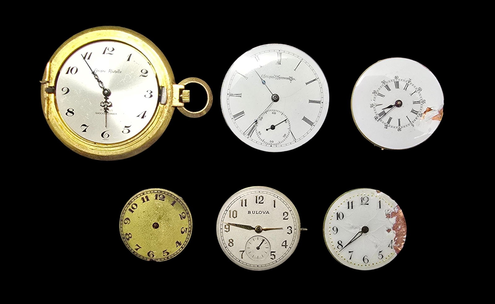 Lot of 6 Watch Movements: Good vintage condition with wear and patina according to age and use; see pictures. The largest piece measures approx. 2" high and 2" wide.