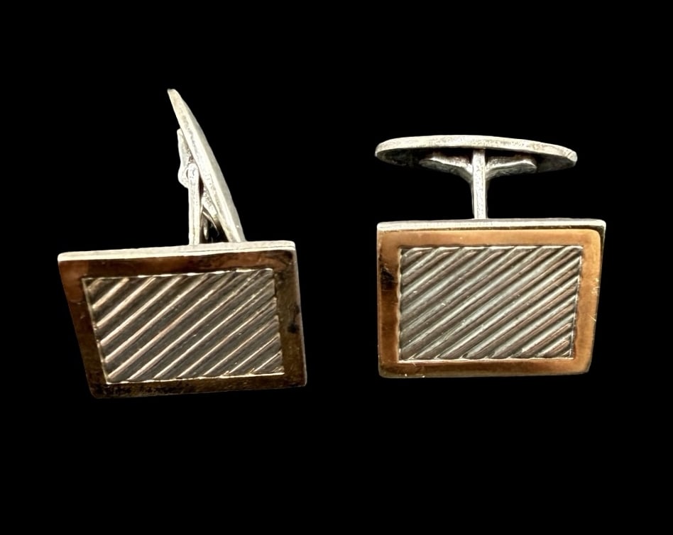 Stunning Ornate Vintage Mid-Century Sterling Silver & 14K Gold Cufflinks: Good vintage condition w/ patina and wear according to age and use, see pictures. Measures approx. 3/4" long and 1/2" wide and weighs ca. 13 grams. Marked for 14 K Gold.