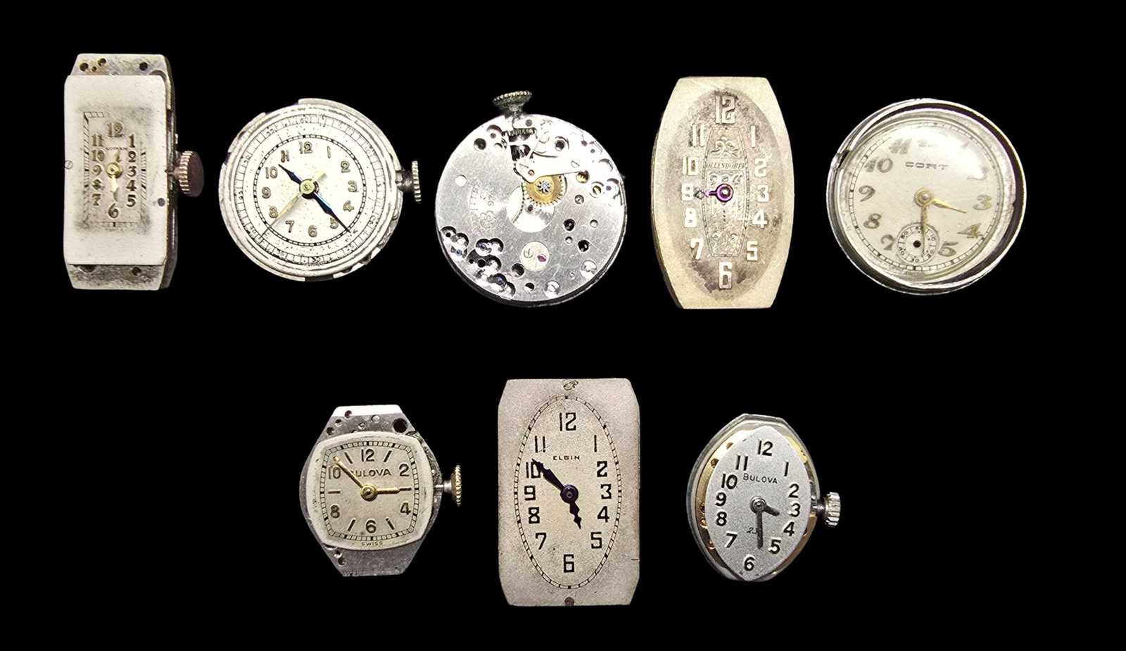 Lot of Watch Movements: Good vintage condition w/ patina and wear according to age and use, see pictures. The largest piece measures approx. 1" high and 1" wide and the entire lot weighs ca. 40 grams.
