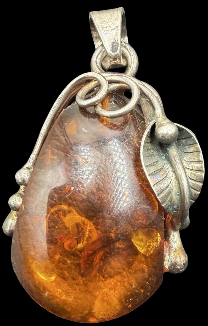 Gorgeous Ornate Vintage Gilt Sterling Silver & Baltic Amber Pendant Charm (1 of 2)