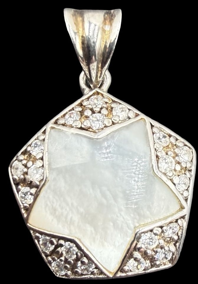 Gorgeous Ornate Vintage Gilt Sterling Silver, Cluster Rhinestones & Mother of Pearl Pendant Charm: Good vintage condition w/ patina and wear according to age and use, see pictures. Measures approx. 3/4" long and 3/4" wide and weighs ca. 4.1 grams. Marked Sterling Silver