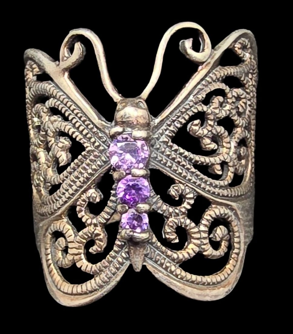 Vintage Mid-Century Sterling Silver & Gemstone Butterfly Ring: Very good vintage condition w/ minor patina and wear according to age. The ring is a size 8 and weighs ca. 4.5 grams. Marked.