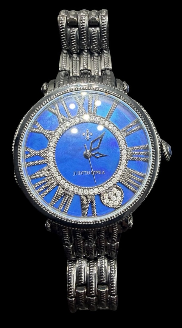 Vintage JUDITH RIPKA Stainless Steel Silver Tone & Blue Dial w/ Clear Rhinestone Watch: Good vintage condition w/ patina and wear according to age and use, see pictures. Dial measures approx. 1 1/4" long and 1 1/4" wide and weighs ca. 81.01 grams. Marked for JUDITH RIPKA. The watch requi
