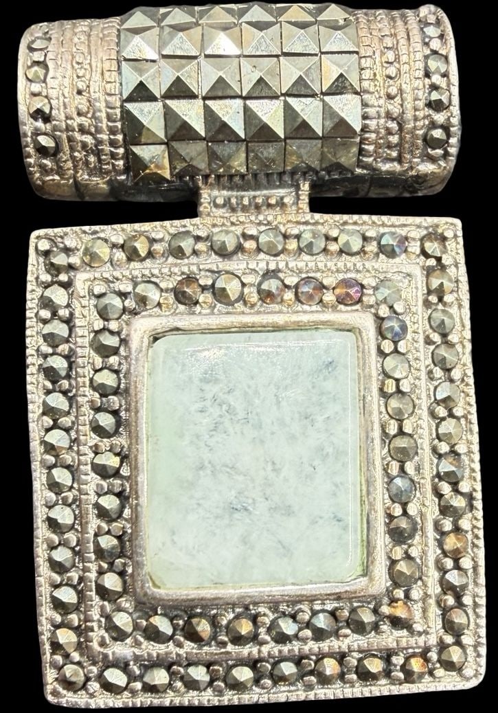 Gorgeous Ornate Vintage Gilt European Sterling Silver, Marcasite, & Gemstone Pendant Charm: Good vintage condition w/ patina and wear according to age and use, see pictures. Measures approx. 1 1/4" long and 3/4" wide and weighs ca. 16 grams. Marked Sterling Silver