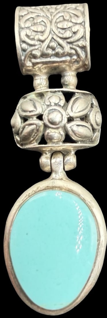 Beautiful Ornate Vintage Mid - Century NATIVE AMERICAN Sterling Silver & Turquoise Pendant Charm: Good vintage condition w/ patina and wear according to age and use, see pictures. Measures approx. 1 1/2" long and 1/2" wide and weighs ca. 8.9 grams. Marked Sterling Silver