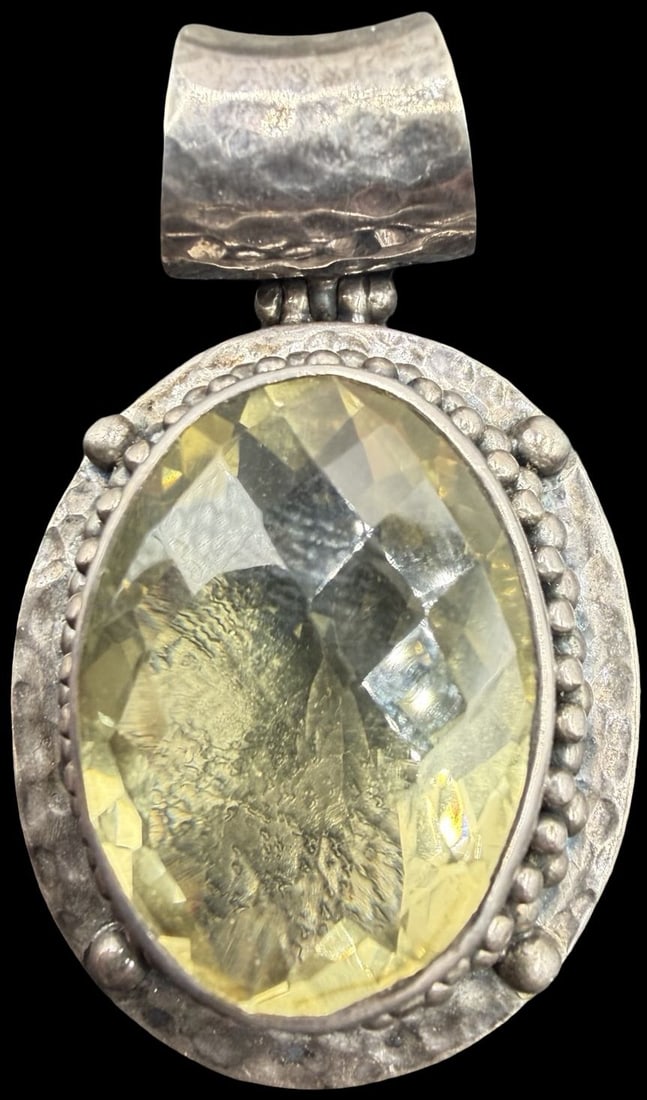 Beautiful Ornate Vintage Gilt European Sterling Silver & Big Yellow Rhinestone Pendant Charm: Good vintage condition w/ patina and wear according to age and use, see pictures. Measures approx. 1 3/4" long and 1" wide and weighs ca. 26.2 grams. Marked Sterling Silver