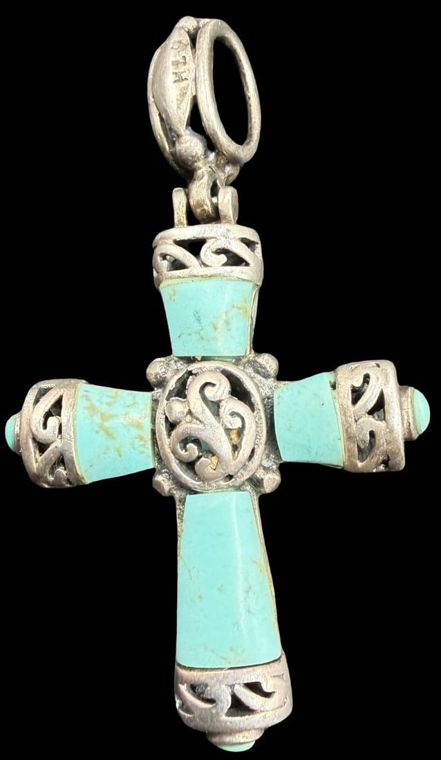 Unusual Ornate Vintage 1960's Native American Sterling Silver & Turquoise Cross Pendant Charm: Good vintage condition w/ patina and wear according to age and use, see pictures. Measures approx. 1 3/4" long and 1" wide and weighs ca. 7.3 grams. Tested for Sterling Silver