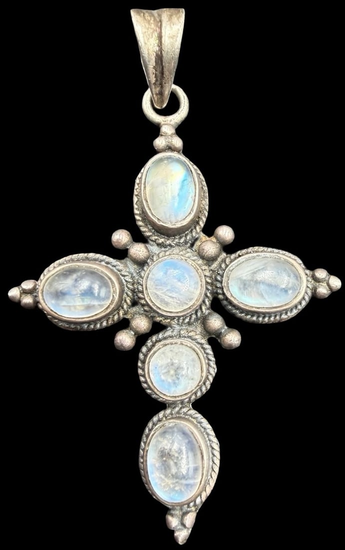 Unusual Ornate Vintage Sterling Silver & Cluster Moonstone Cross Pendant Charm: Good vintage condition w/ patina and wear according to age and use, see pictures. Measures approx. 2" long and 1" wide and weighs ca. 7.9 grams. Tested for Sterling Silver