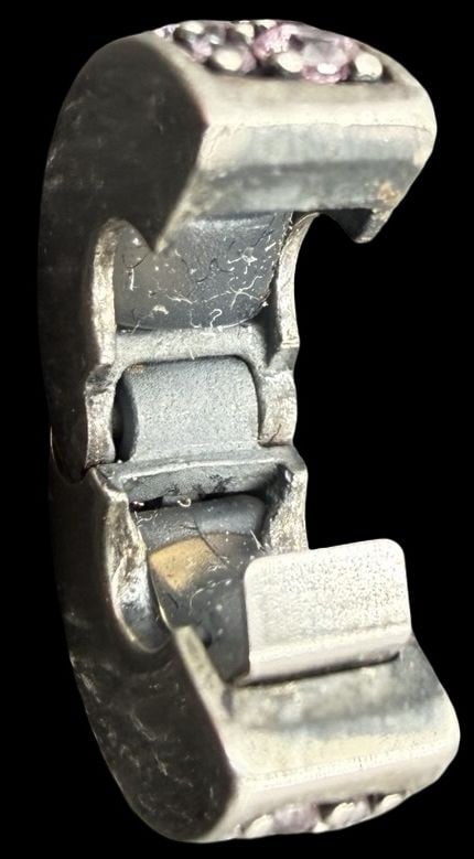 Amazing Ornate Vintage PANDORA Sterling Silver & Pink Shining Elegance Spacer Clip Charm: Good vintage condition w/ patina and wear according to age and use, see pictures. Measures approx. 1/2" long and 1/2" wide and weighs ca. 2.3 grams. Marked Sterling Silver