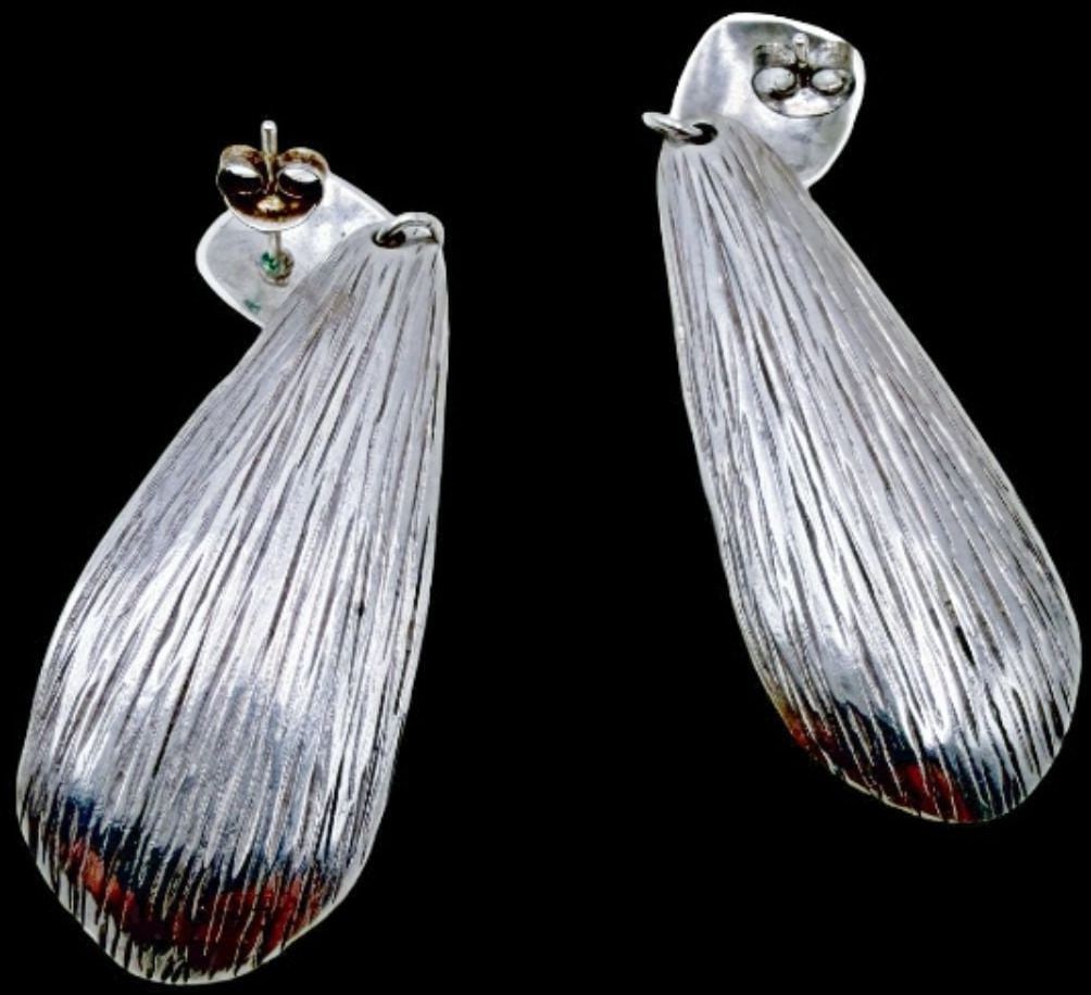 Beautiful Ornate Vintage Sterling Silver Earrings: Good vintage condition w/ patina and wear according to age and use, see pictures. Measures approx. 2" long and 3/4" wide and weighs ca. 7 grams. Marked Sterling Silver