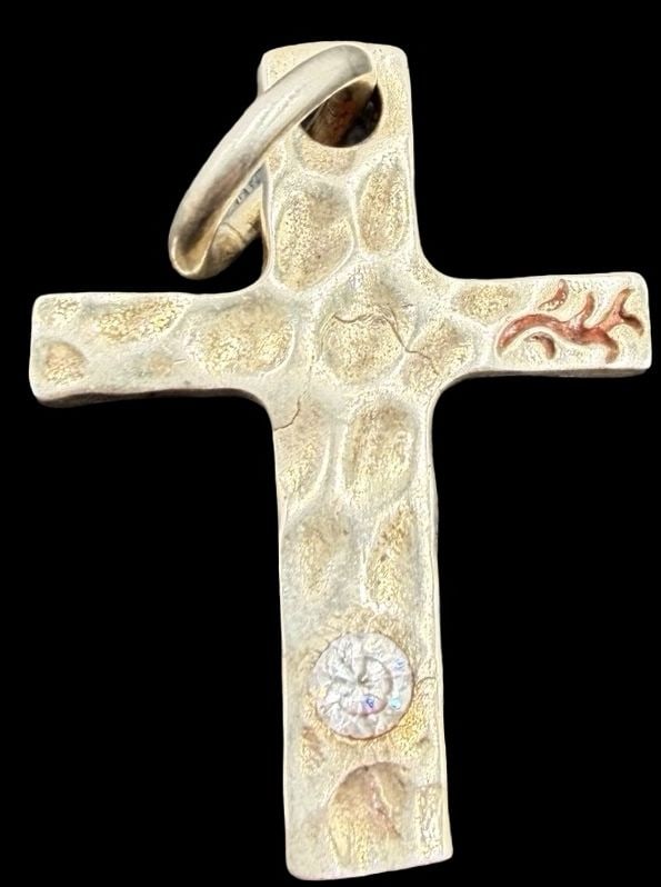 Gorgeous Ornate Vintage Gilt Sterling Silver & Clear Rhinestone Cross Pendant Charm: Good vintage condition w/ patina and wear according to age and use, see pictures. Measures approx. 1 1/2" long and 1" wide and weighs ca. 8.3 grams. Tested for Sterling Silver