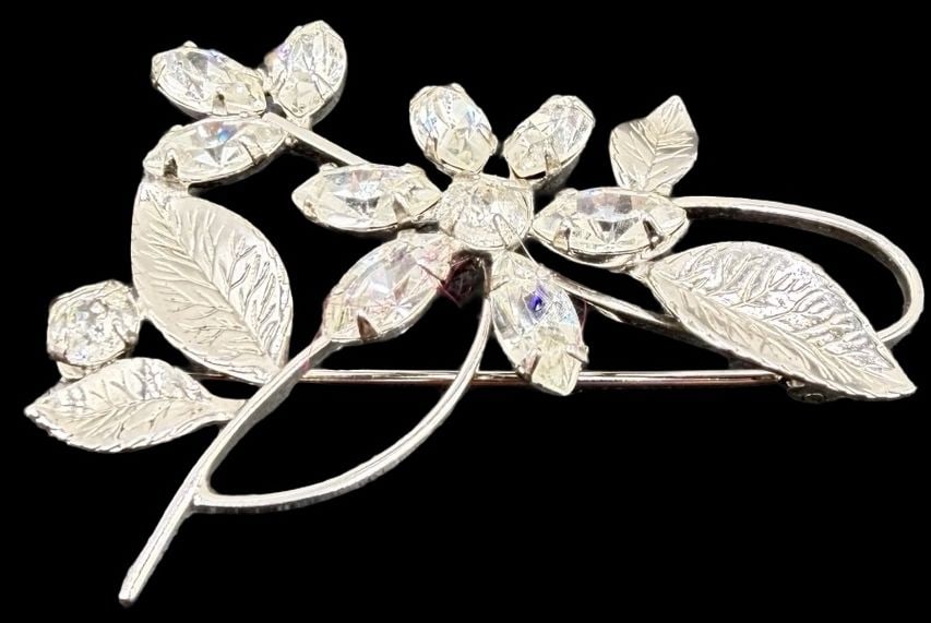 Beautiful Ornate Vintage Gilt Sterling Silver & Clear Rhinestone Flower Pin Brooch: Good vintage condition w/ patina and wear according to age and use, see pictures. Measures approx. 1 3/4" long and 1 1/4" wide and weighs ca. 6.2 grams. Marked Sterling Silver
