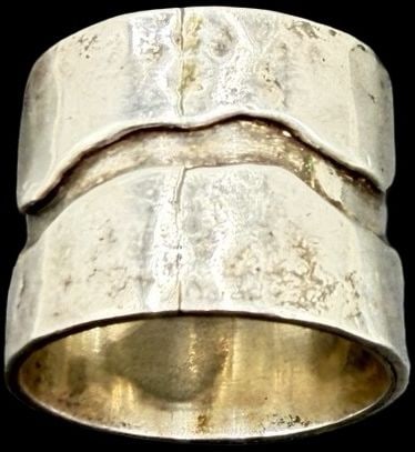 Gorgeous Ornate Vintage Gilt Sterling Silver Ring: Good vintage condition w/ patina and wear according to age and use, see pictures. Measures approx. 1 1/2" long and 3/4" wide and weighs ca. 10.7 grams. Ring is Size 8 1/4. Tested for Sterling Silver
