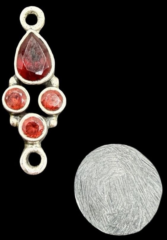 Gorgeous Vintage Gilt Sterling Silver & 4 Red Gemstones Pendant Charm: Good vintage condition w/ patina and wear according to age and use, see pictures. Measures approx. 1" long and 1/2" wide and weighs ca. 1.9 grams. Tested for Sterling Silver
