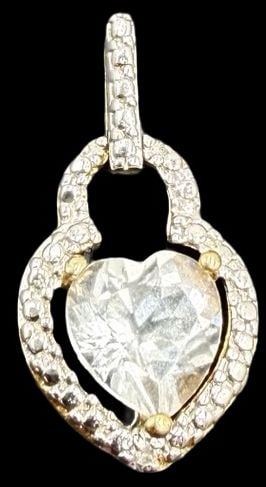 Beautiful Ornate Vintage Gilt Sterling Silver Cluster & Big Heart Shape Clear Rhinestone Pendant: Good vintage condition w/ patina and wear according to age and use, see pictures. Measures approx. 1/2" long and 1/2" wide and weighs ca. 1.5 grams. Marked Sterling Silver
