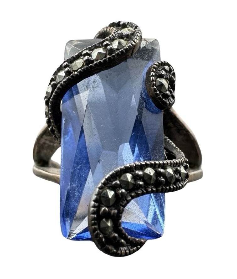 Unusual Ornate Vintage Sterling Silver, Marcasite & Rectangular Blue Spinel Serpent Ring (1 of 6)