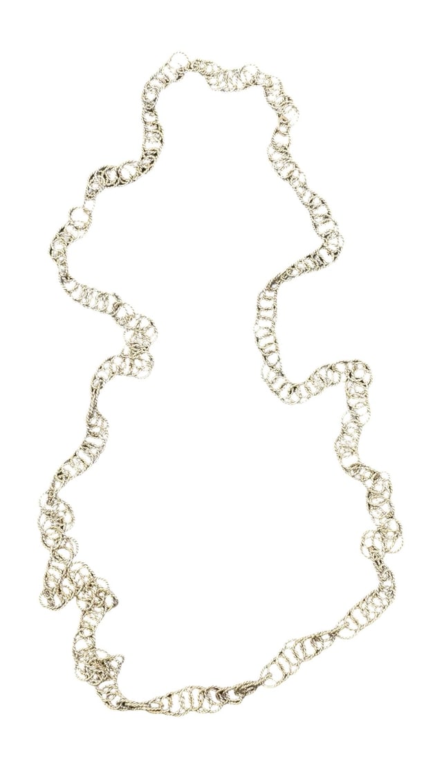 Ornate Vintage Sterling Silver Multi-Strand Twisted Chain Link Necklace: Very good vintage condition with minor patina according to age. Measures approx. 15.5" long x 1/4" wide. Weighs ca. 24 grams. Tested for Sterling Silver.