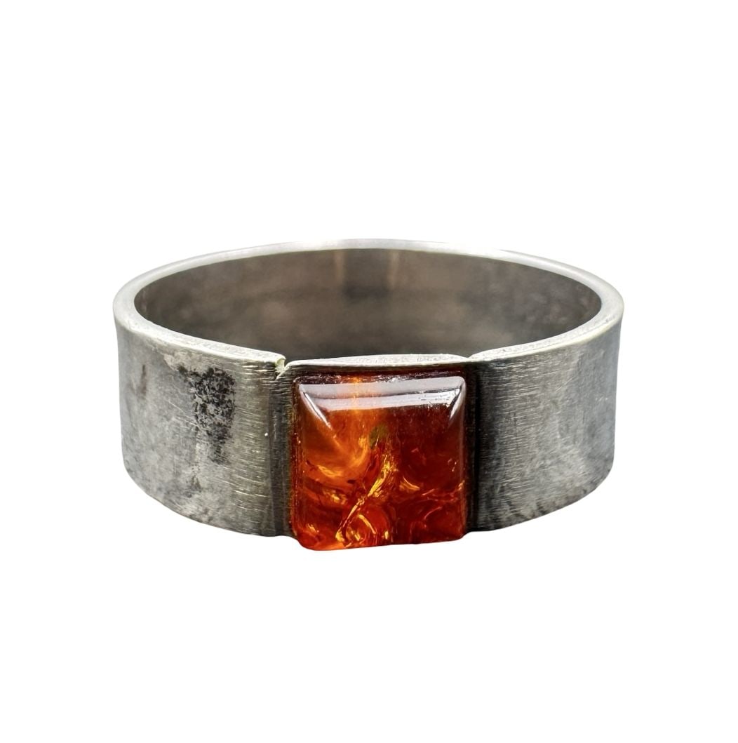 Minimalist Mid-Century Modern Sterling Silver & Square Baltic Amber Cigar Band Ring (1 of 5)