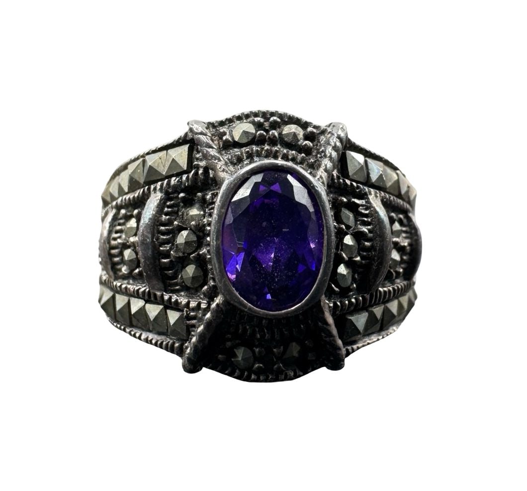 Gorgeous Ornate Vintage Sterling Silver, Marcasite & Purple Gemstone Cocktail Ring (1 of 7)