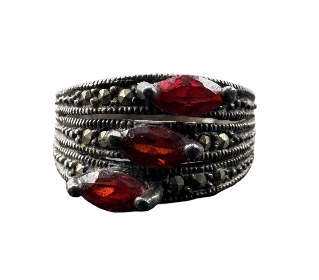Stunning Vintage Sterling Silver, Marcasite & Red Gemstone Statement Ring: Very good vintage condition with minor patina according to age. Measures approx. 7/8" long and 7/8" wide and weighs ca. 4.43 grams. The ring is a size 6.5. Marked for Sterling Silver.