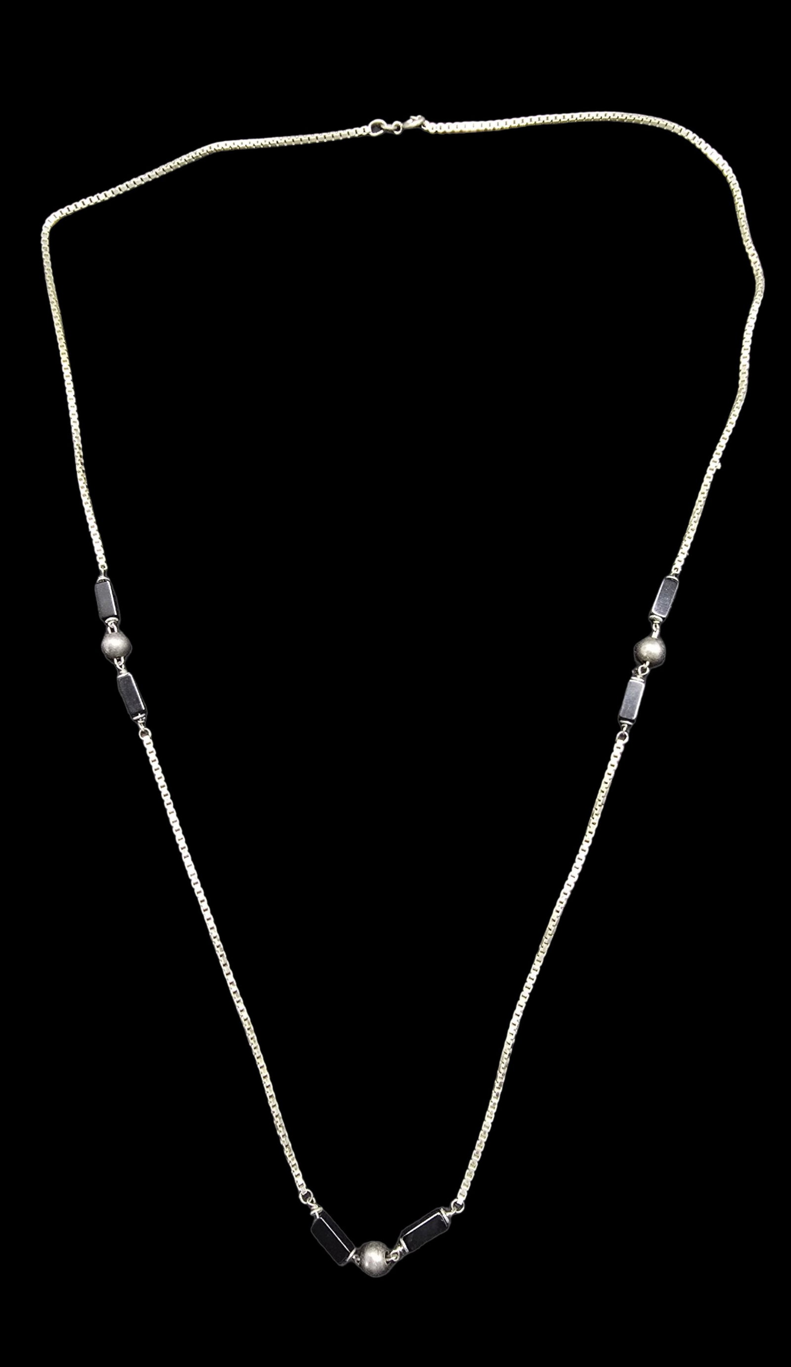 Beautiful Vintage Sterling Silver, Black Onyx & Silver Ball Pendant Necklace: Very good vintage condition with minor patina according to age. Measures approx. 30" long and weighs ca. 18 grams. Marked for Sterling Silver..