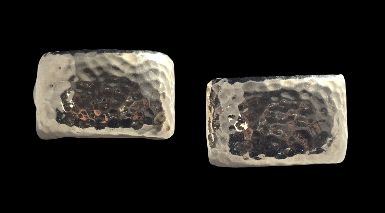 Vintage Hand Hammered Gilt Sterling Silver Electroform Designer Earrings: Very good vintage condition with minor patina according to age. Each measures approx 1" wide and they jointly weigh ca. 7.5 grams. Marked for Sterling Silver. and carrying an unidentified designer mar