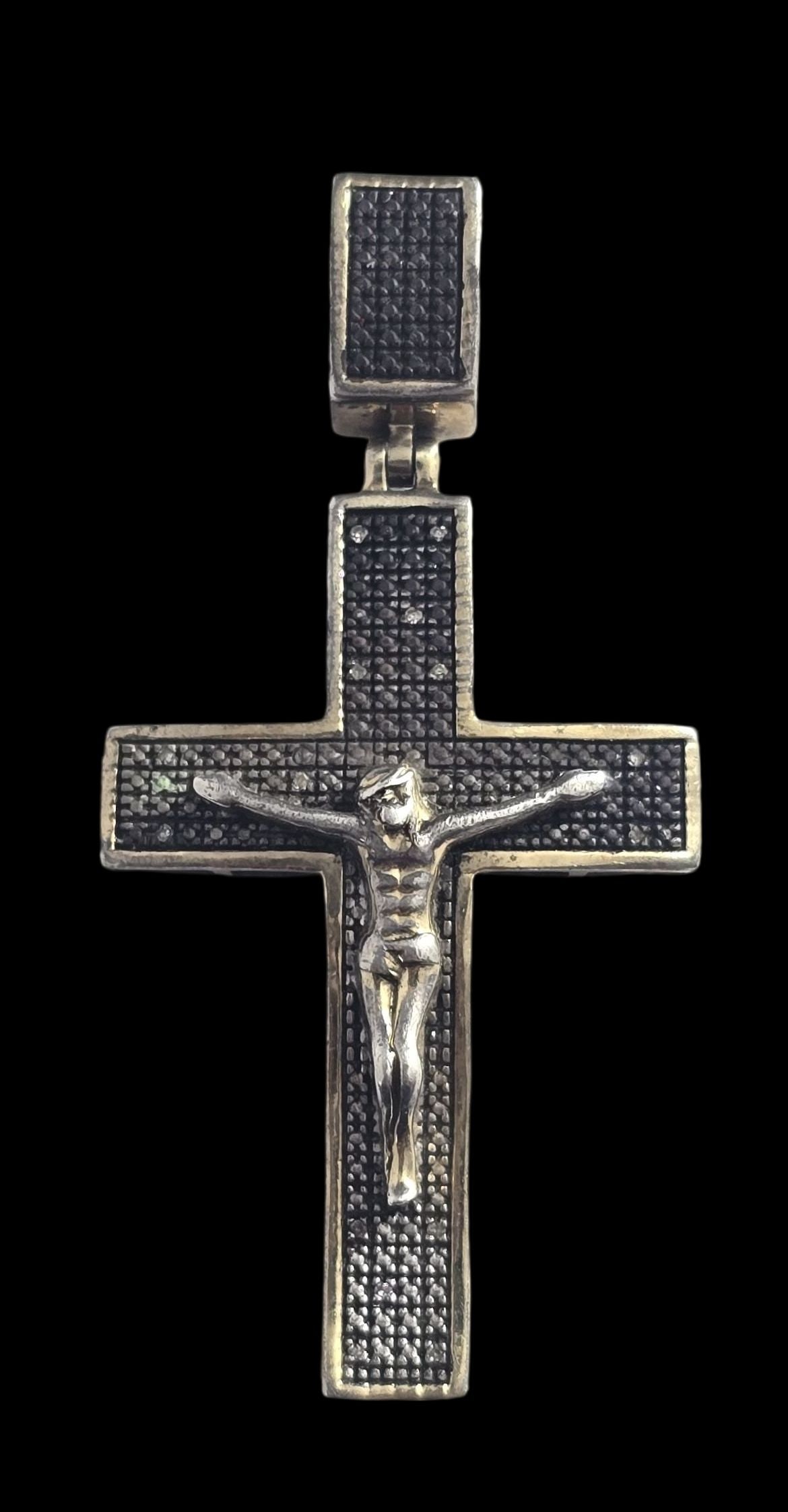 Vintage 14K Gold Plated Sterling Silver & Gemstone Cross / Crucifix Designer Pendant: Very good vintage condition with minor patina according to age. Measures approx. 2" high and weighs ca. 7 grams. Marked for Sterling Silver. / 14K gold plating and signed.