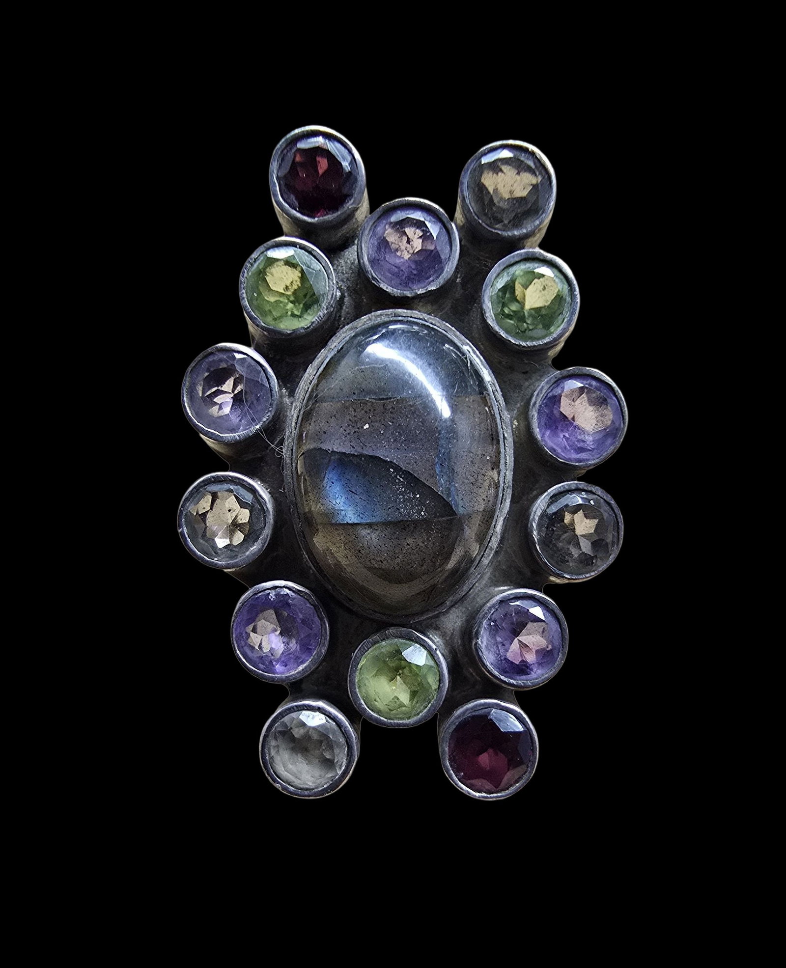 Amazing Vintage Sterling Silver & Multi-Color Gemstone Cocktail Ring: Very good vintage condition with minor patina according to age. The ring is a size 6 and weighs ca. 9 grams. Marked for Sterling Silver.