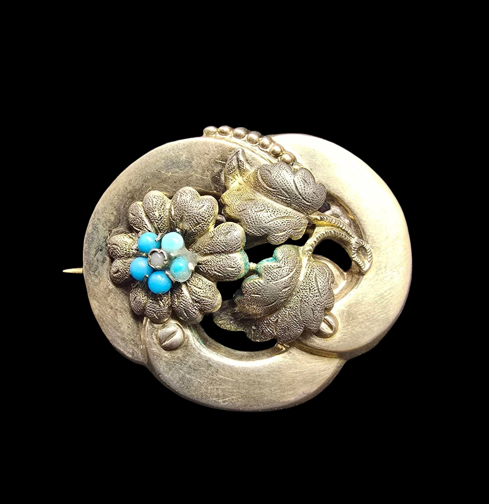 Gorgeous Antique 1850s Austrian BIEDERMEIER Gilt 800 Silver & Turquoise Flower Pin Brooch: Very good antique condition with minor patina according to age. Measures approx. 1 1/2" wide and weighs ca. 3.5 grams. Marked for 800 Silver and Maker.