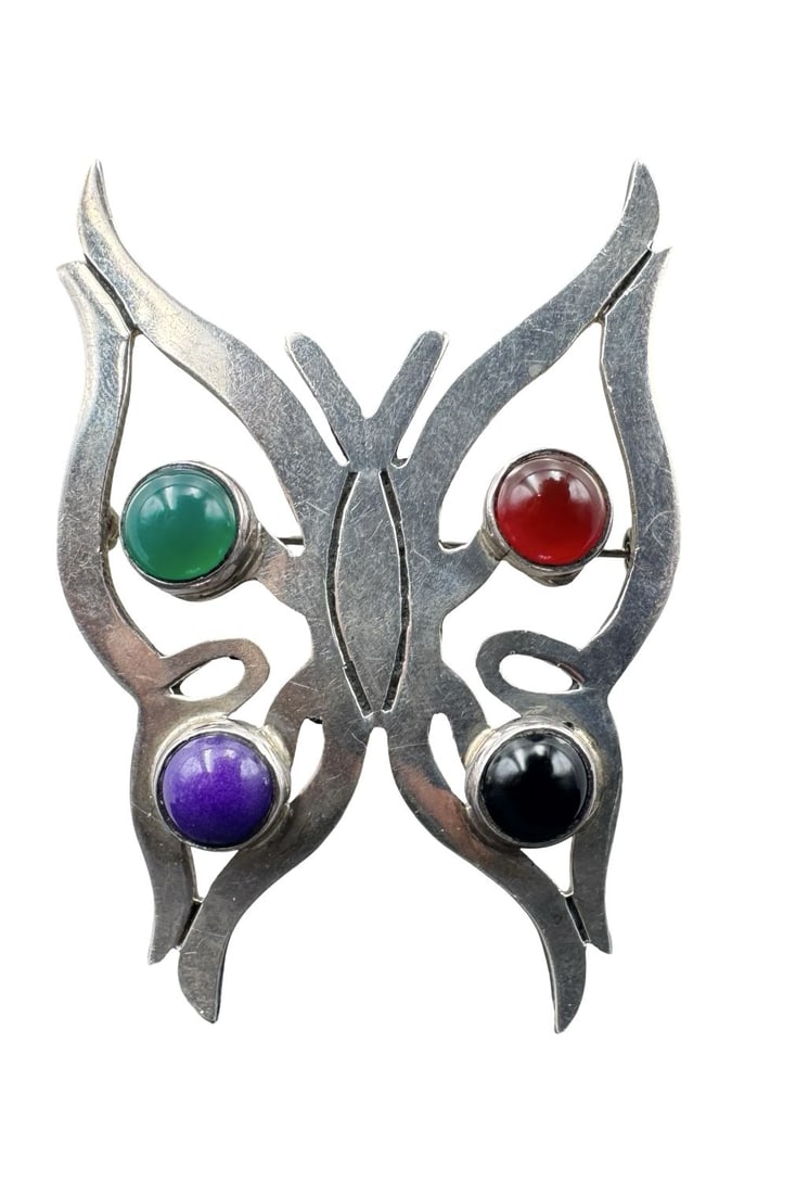 Gorgeous Vintage Taxco Mexico Sterling Silver & Gemstone Cabochons Butterfly Pin: Very good vintage condition with minor patina according to age. Measures approx. 2 1/2" long and 1 3/4" wide. Weighs ca. 20.57 grams. Marked for Sterling Silver and "MEXICO".