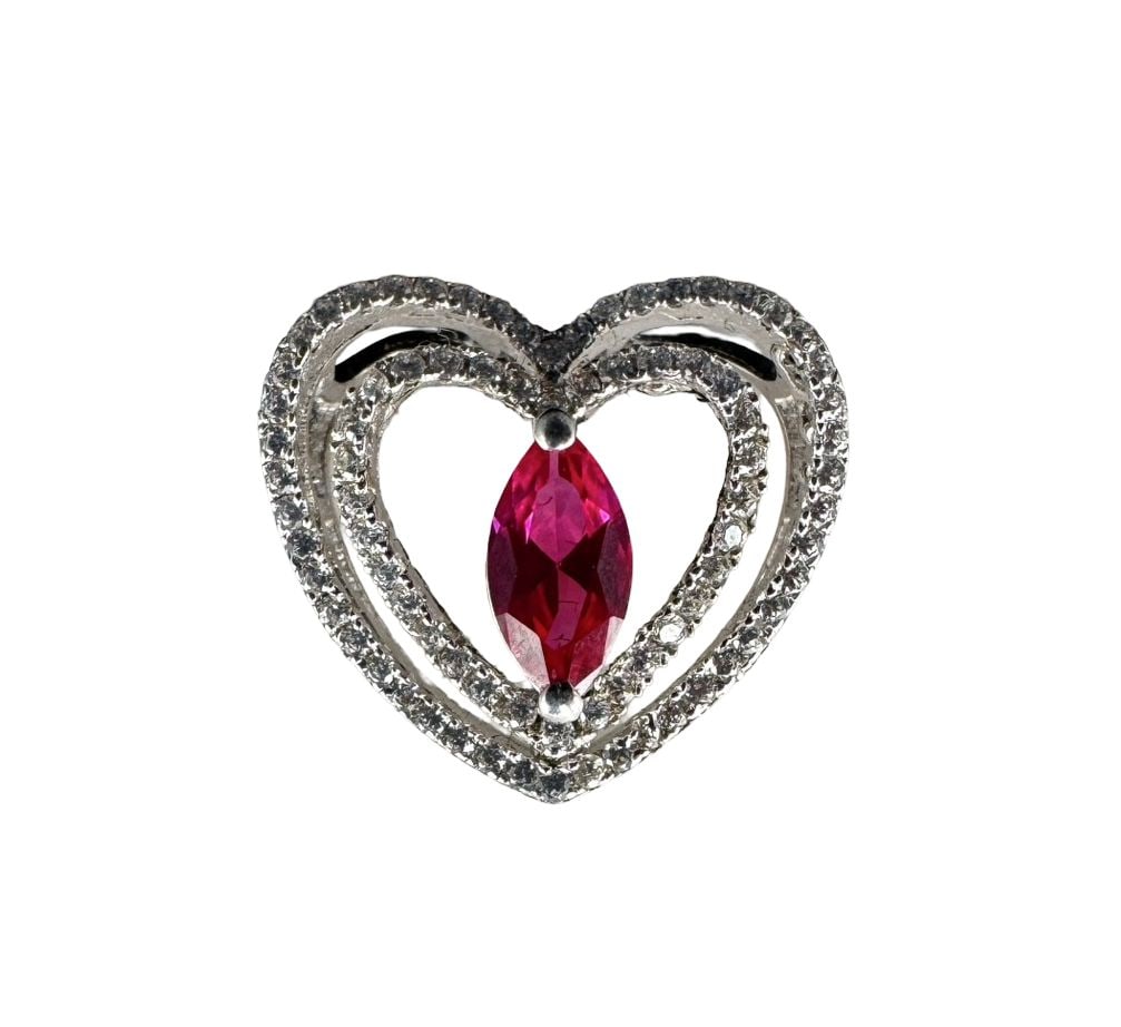 Gorgeous Vintage Sterling Silver & Marquise Cut Pink Gemstone Heart Slider Pendant: Very good vintage condition with minor patina according to age. Pendant Measures 1/2" long x 1/2" wide. Weighs ca. 1.83 grams. Tested for Sterling Silver.