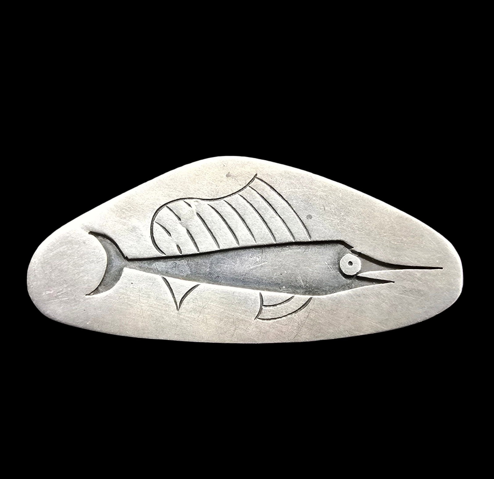 Amazing Vintage Mid-Century Mexican Sterling Silver Swordfish Motif Pin Brooch: Very good vintage condition with minor patina according to age. Measures approx. 2 1/2" wide and weighs ca. 13 grams. Marked for Sterling Silver and Designer.