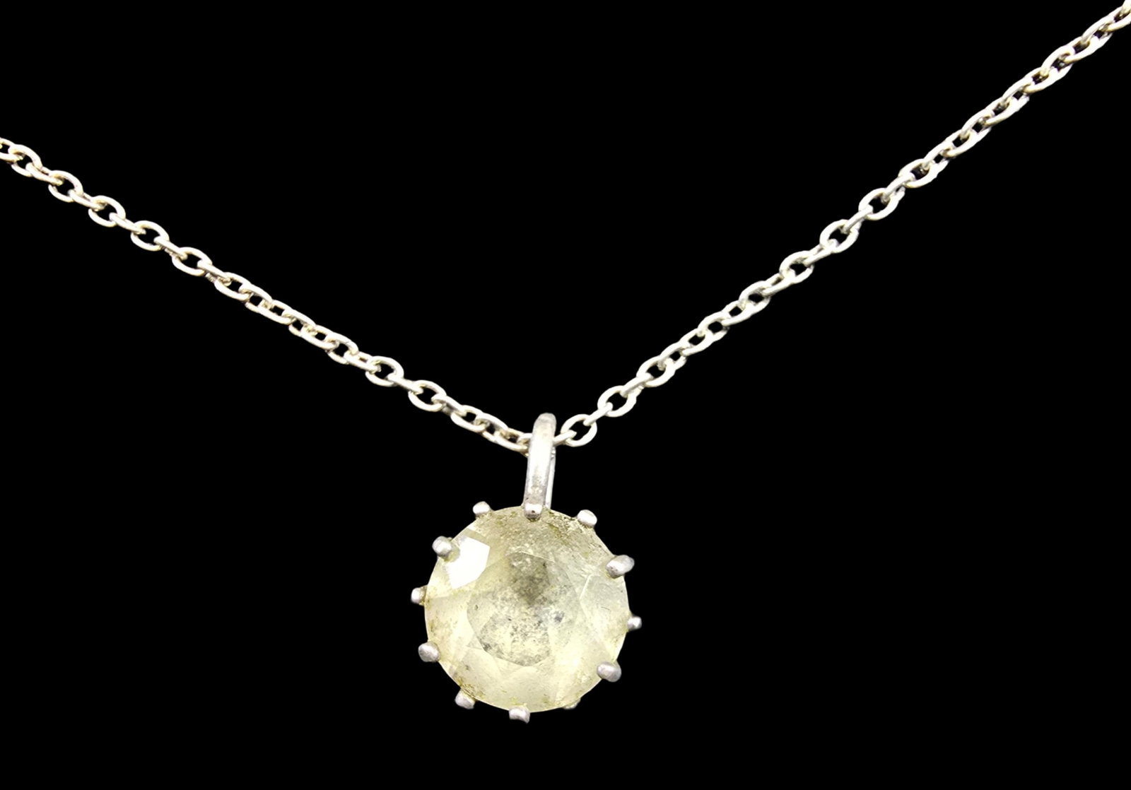 Vintage Mid-Century Sterling Silver & Rock Crystal Pendant Necklace: Very good vintage condition with minor patina according to age. Measures approx. 16" long (chain) and weighs ca. 3 grams.