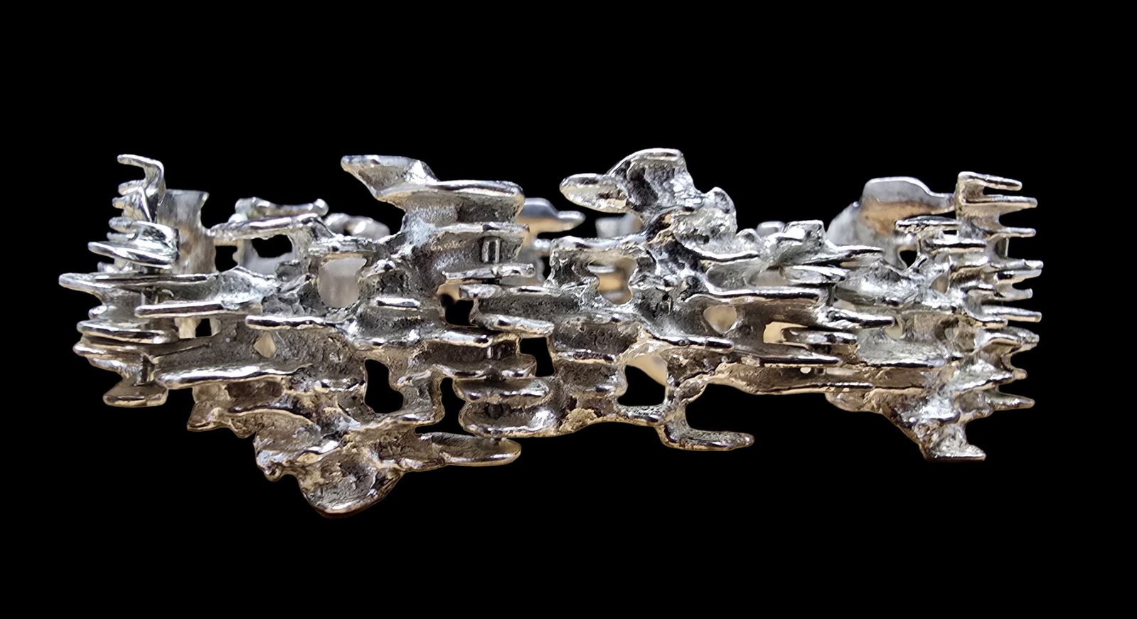 Gorgeous Vintage Mid-Century Brutalist Sterling Silver Bracelet: Very good vintage condition with minor patina according to age. Measures approx. 3" wide (inside diameter) and weighs ca. 44.5 grams. Marked for Sterling Silver.