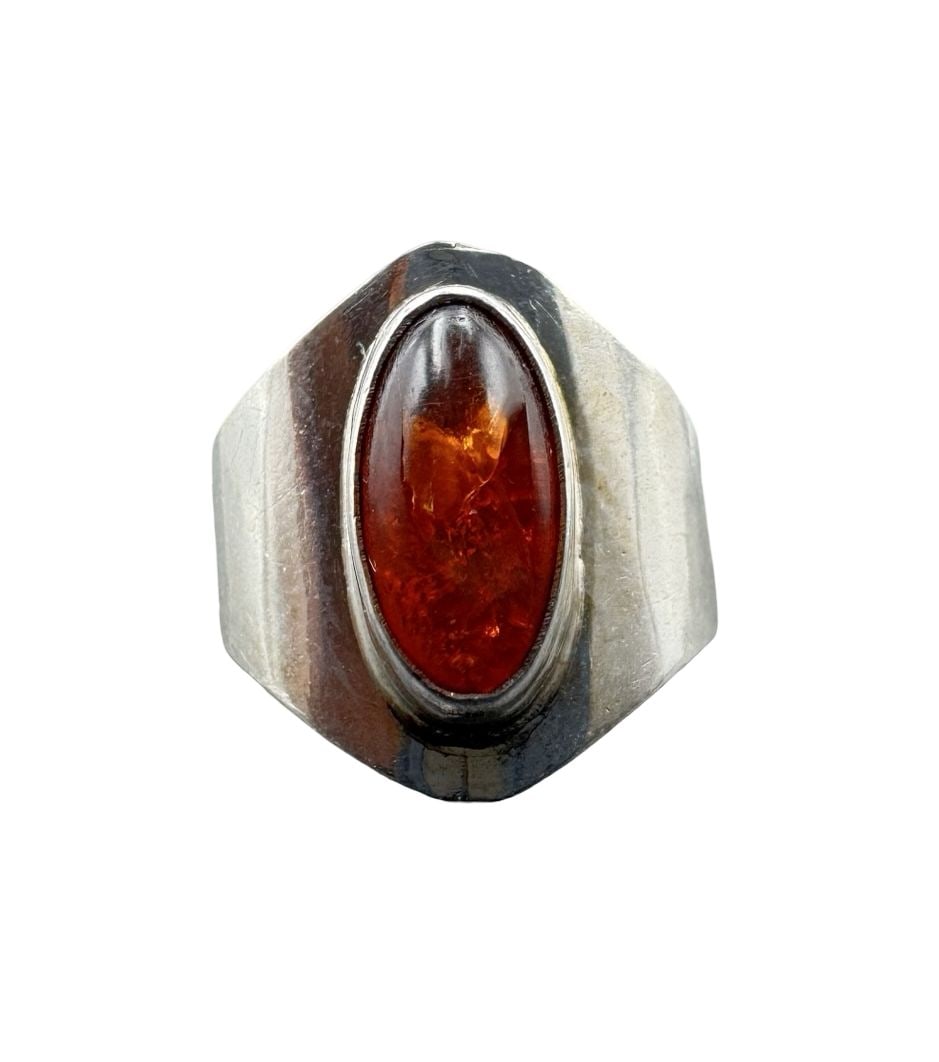 Stylish Vintage Mid-Century Modern German 835 Silver & Baltic Cognac Amber Cabochon Ring (1 of 5)