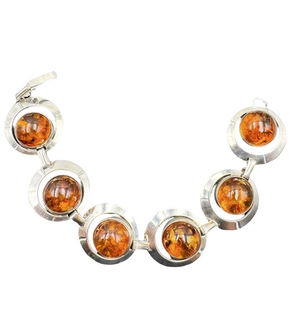 Stunning Vintage Mid-Century Modern German FISCHLAND 835 Silver & Baltic Amber Bracelet: Very good vintage condition with minor patina according to age. Measures approx. 7 3/4" long x 3/4" wide. Weighs ca. 26.36 grams. Marked for 835 Silver & FISCHLAND.