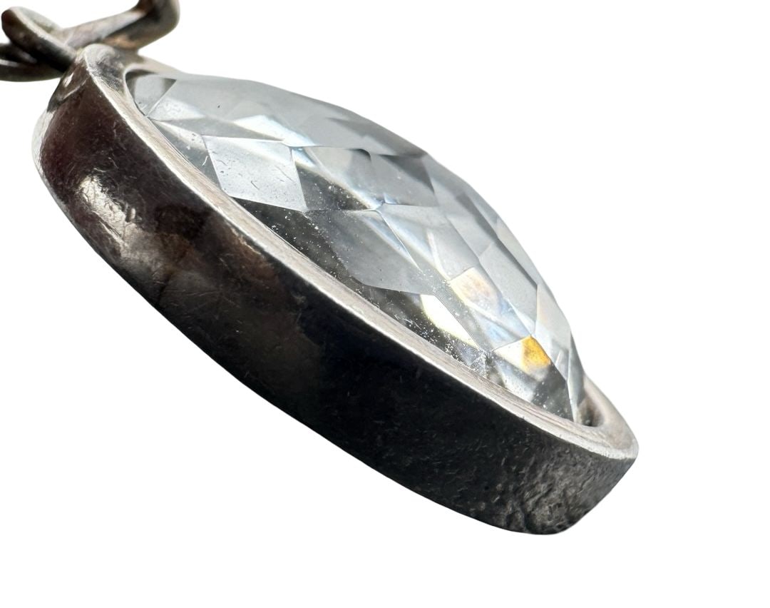 Elegant Minimalist Vintage Sterling Silver Rose Cut Clear Topaz Collet Charm: Very good vintage condition with minor patina according to age. Pendant Measures 1 1/4" long x 1/2" wide. Weighs ca. 7.4 grams. Marked for Sterling Silver.