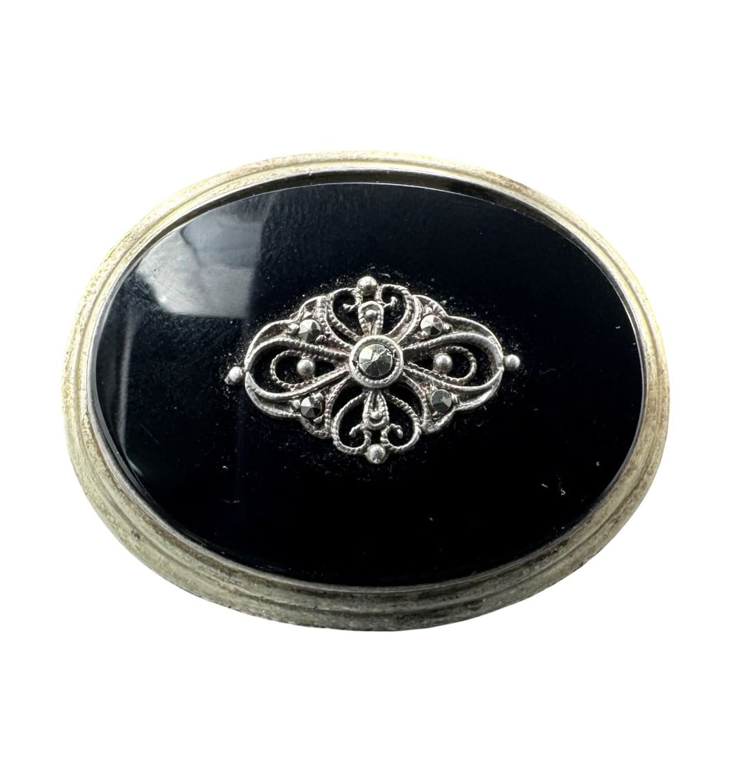 Stylish Vintage European 800 Silver, Marcasite & Black Onyx Brooch: Very good vintage condition with minor patina according to age. Measures approx. 1 1/2" long and 1" wide. Weighs ca. 8.59 grams. Marked for 800 Silver.