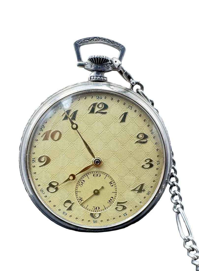 Magnificent Vintage Art Deco European 800 Silver Engine-Turned Open Face Pocket Watch & Chains: Very good vintage condition with minor patina according to age. Face measures approx. 1 3/4" in diameter, chain measures approx. 17.5" long and total weight is ca. 83.32 grams. Tested for 800 Silver. 